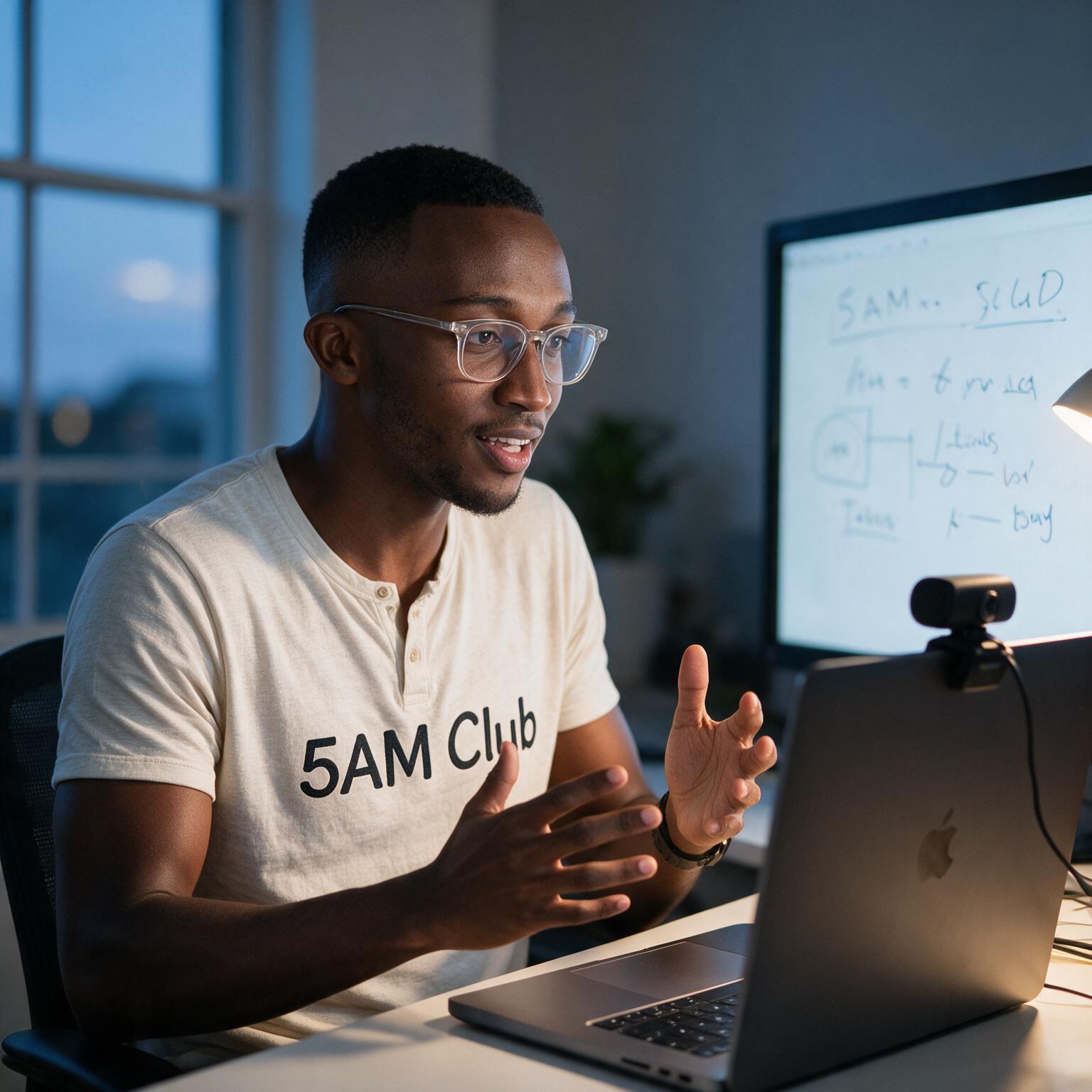 A member of the 5AM Club teaching on a video call before sunrise