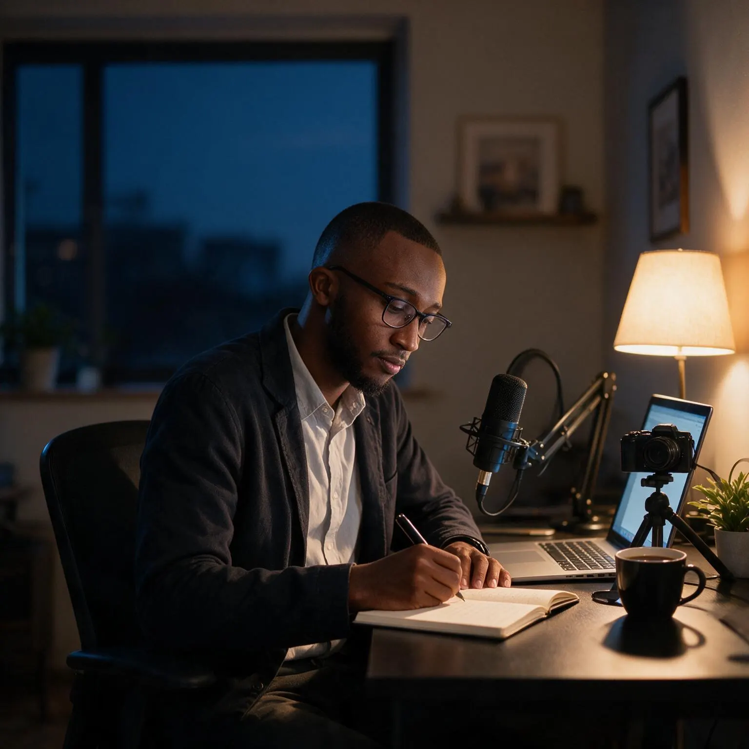 Elvis Warutumo working late at his home desk