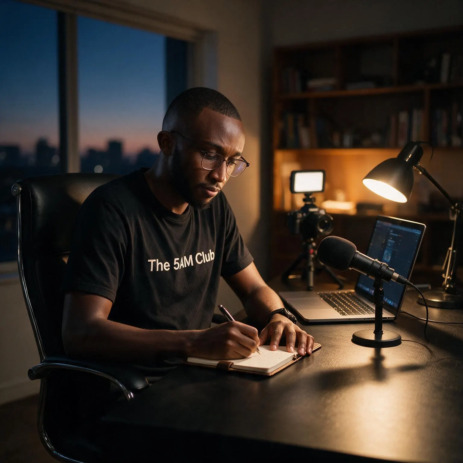 Notes and a laptop under a desk lamp during an early morning session