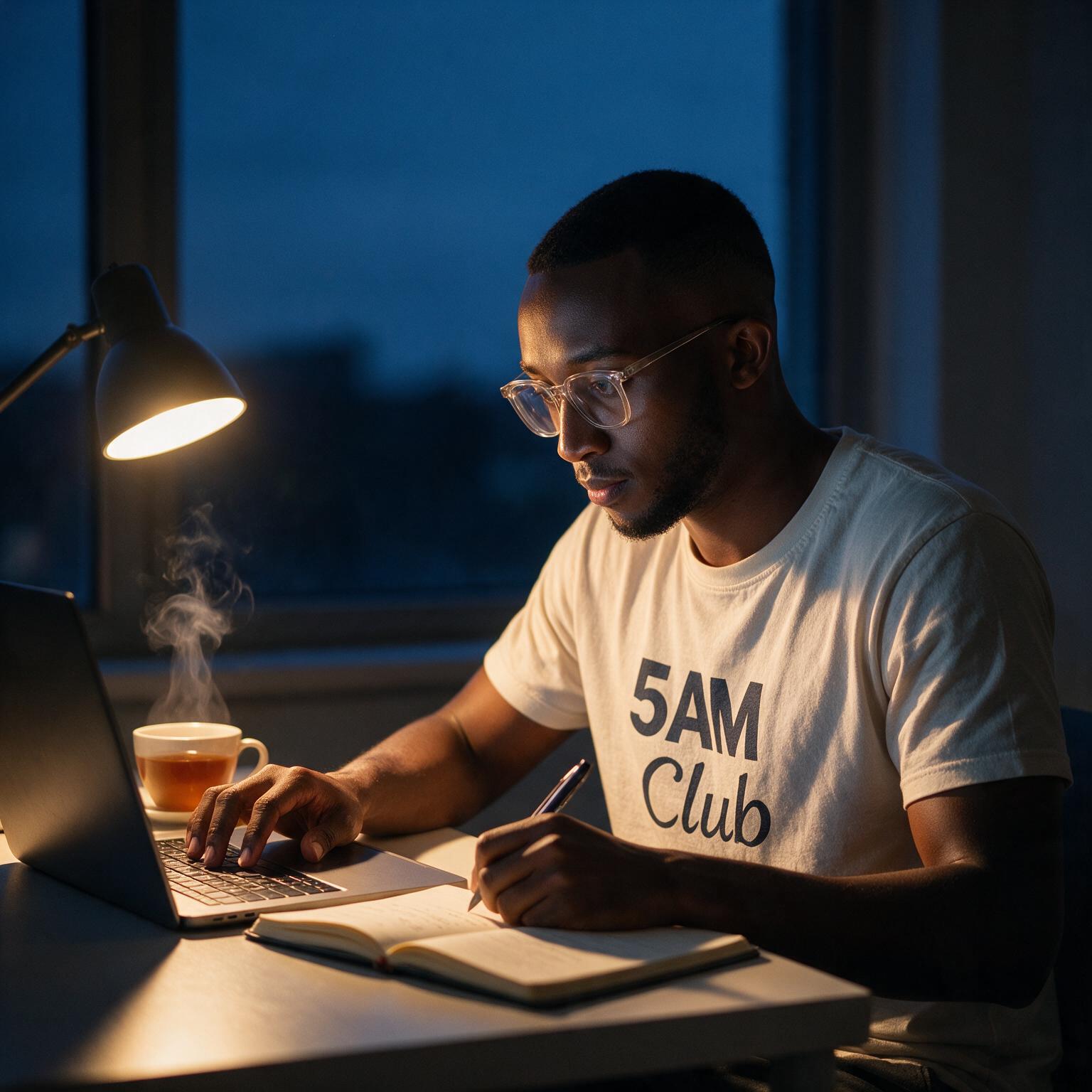Elvis Warutumo working by lamplight in a 5AM Club t-shirt before sunrise