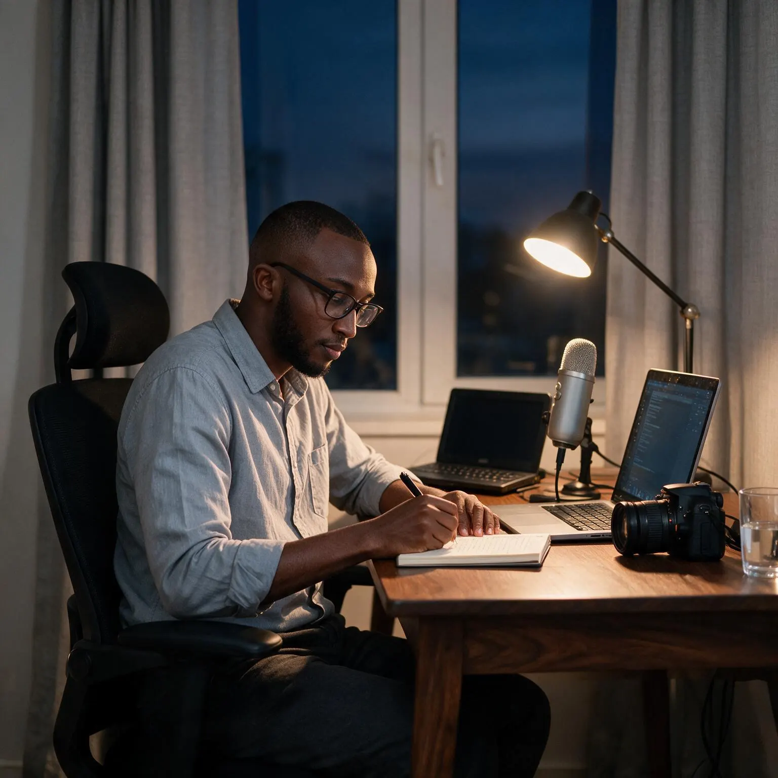 A quiet home desk set up for the 5am hour