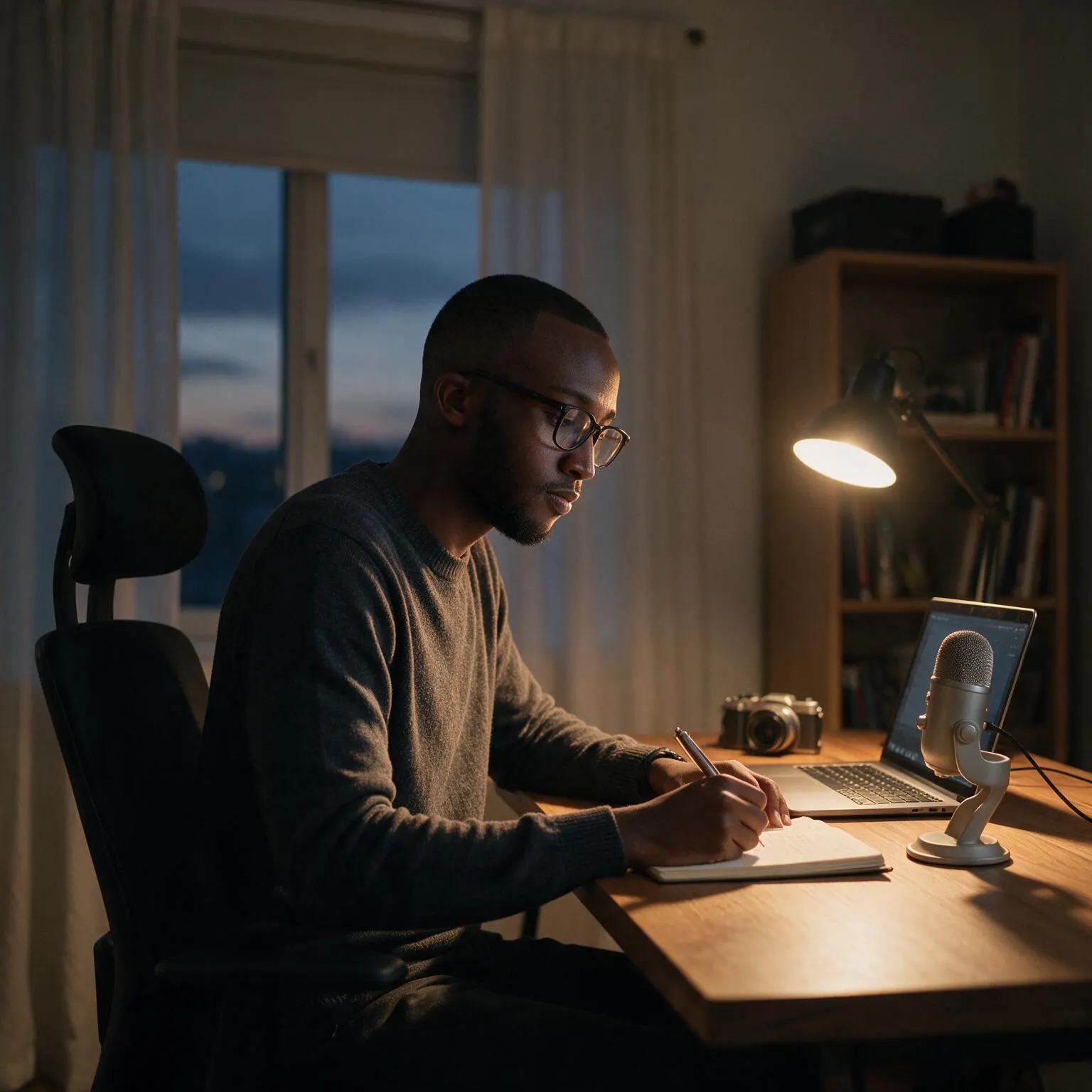 Writing in a notebook beside a laptop at first light