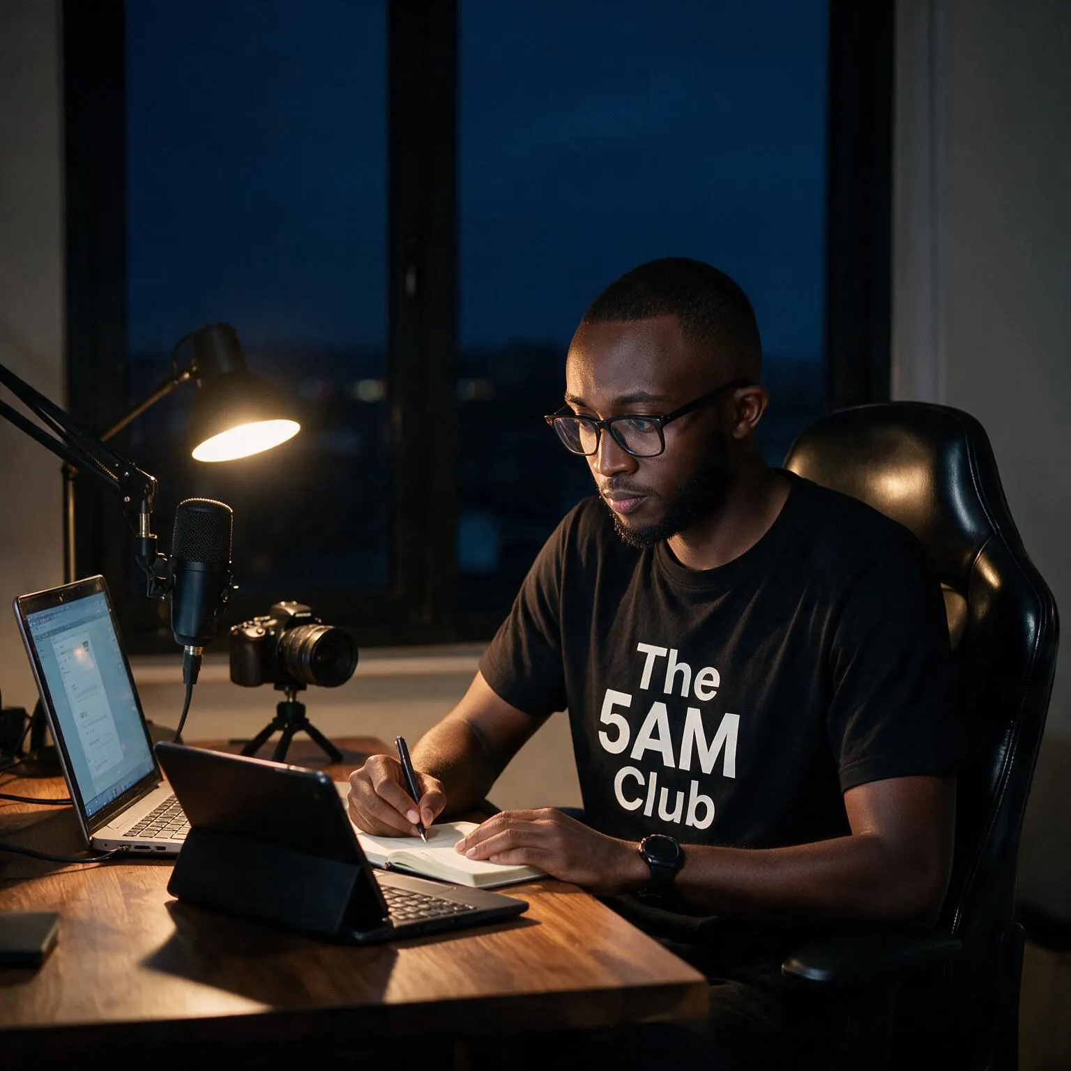Elvis in a 5AM Club t-shirt working at his desk before sunrise